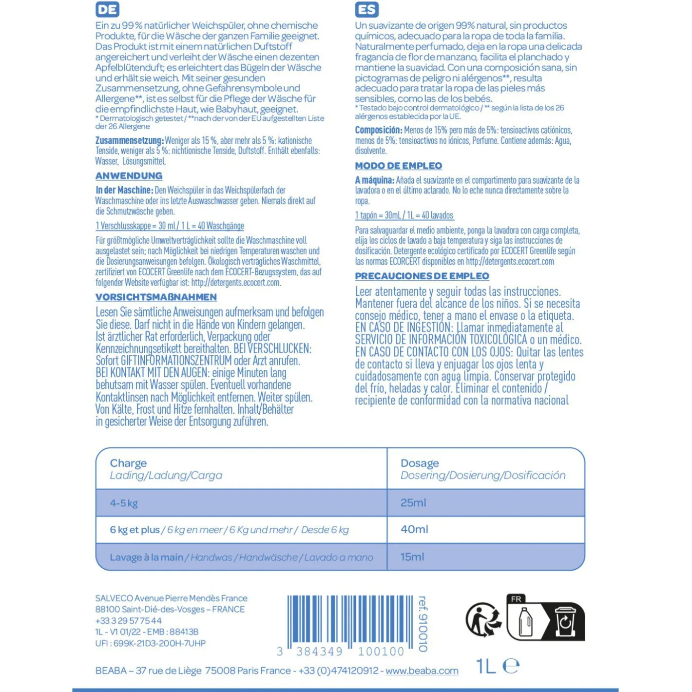 BÉABA Désinfectants Et Nettoyants<Assouplissant 1L fleurs de pommier