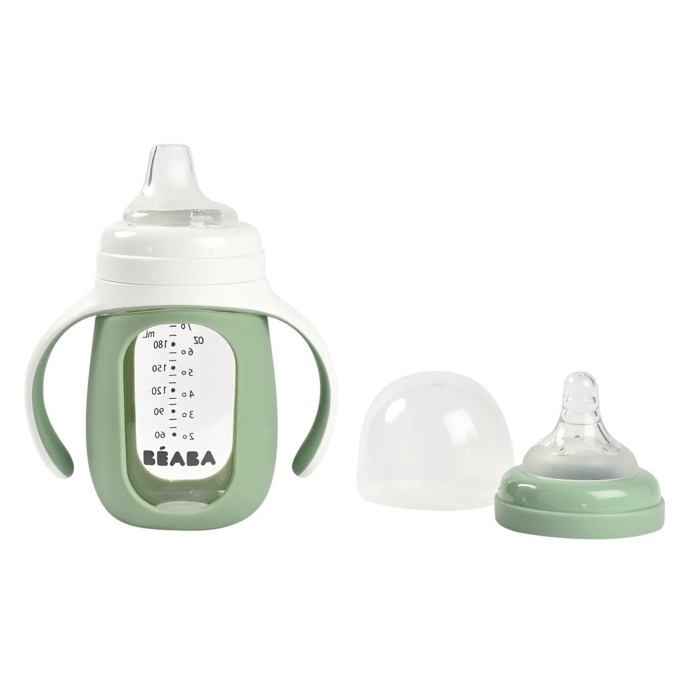 BÉABA Couverts Vaisselle Et Bavoirs|Biberons Et Accessoires<Biberon d'apprentissage en verre 2 en 1 - 210ml Vert sauge