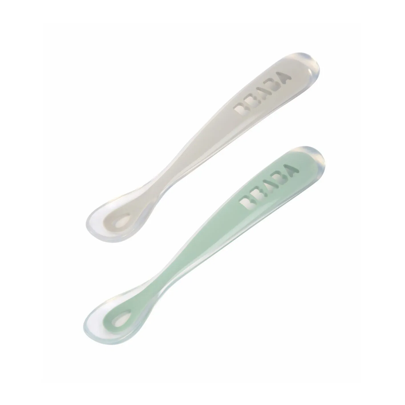 BÉABA Couverts Vaisselle Et Bavoirs<Lot 2 cuillères 1er âge silicone avec boite de transport Vert sauge/Gris velours