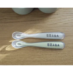 BÉABA Couverts Vaisselle Et Bavoirs<Lot 2 cuillères 1er âge silicone avec boite de transport Vert sauge/Gris velours
