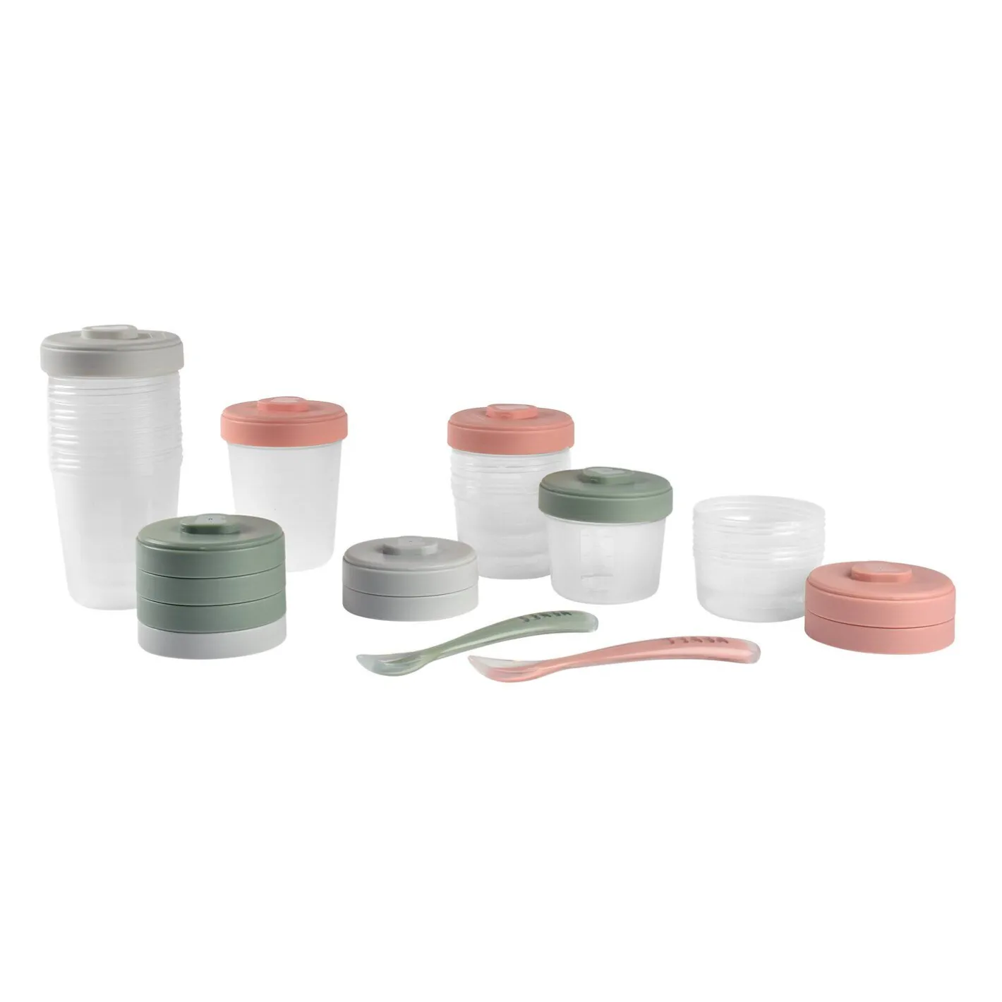 BÉABA Couverts Vaisselle Et Bavoirs|Pots De Conservation<Pack premiers repas (12 portions + 2 cuillères) Eucalyptus/Rose/Gris