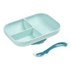 BÉABA Couverts Vaisselle Et Bavoirs<Set repas Silicone - Assiette compartimentée et cuillère 2ème âge Bleu